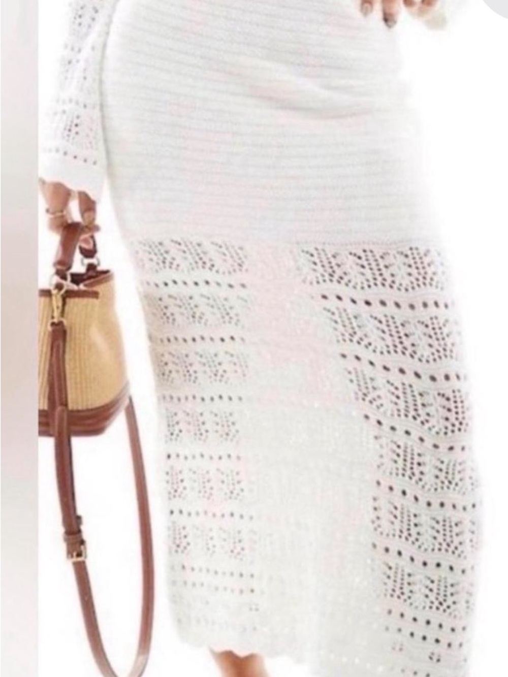 Women's White Crochet Midi Skirt - Elegant Knit Panel Design